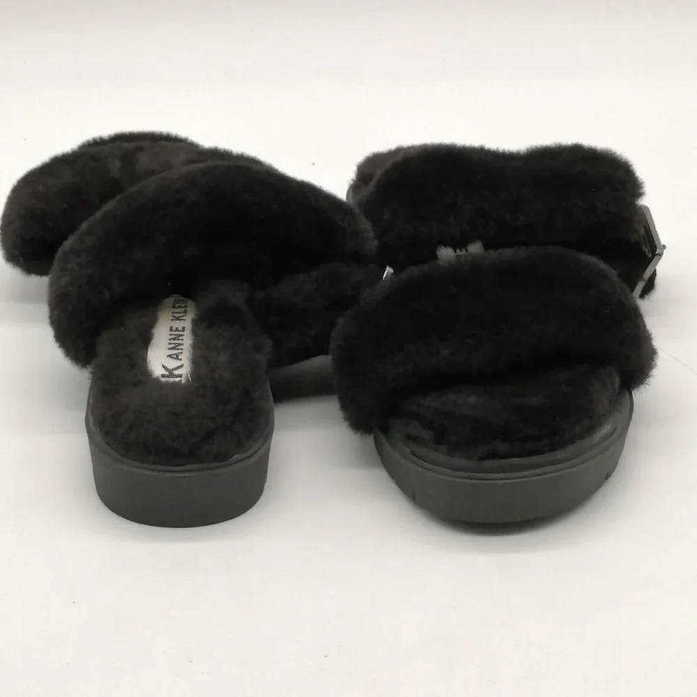 Anne‎ Klein Womens Sandals Skyler Black Faux Fur Straps Buckle Slide Flat Heel 7